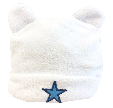 White plush hat with a blue star on a white background