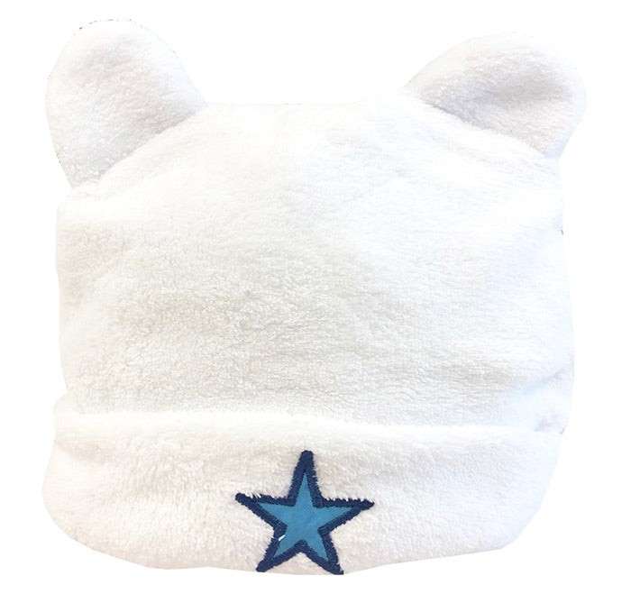 White plush hat with a blue star on a white background
