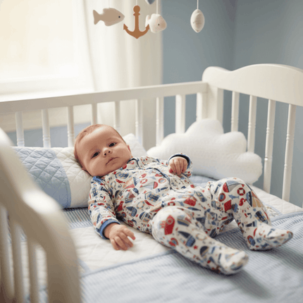 cotton sailor growsuit for baby in cot