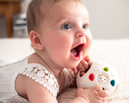 Baby holding a colourful toy ball