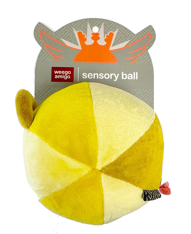 Yellow sensory ball with a Weego Amigo label on a white background
