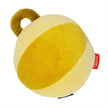 Yellow plush toy with a red tag on a white background