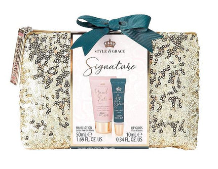 Cosmetic set with 'Style & Grace' branding in a decorative box on a white background