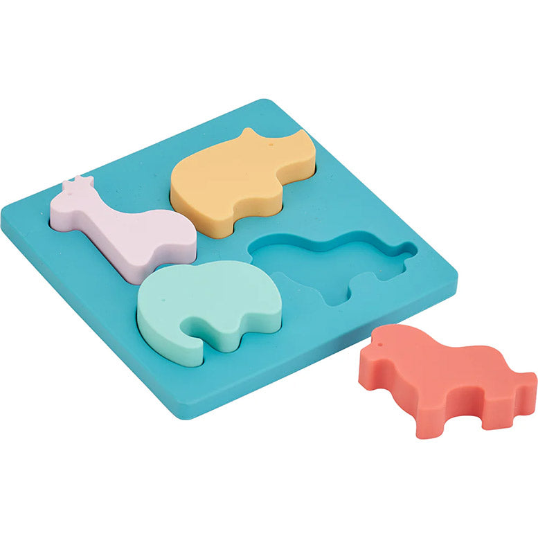 Colorful silicone mold with animal-shaped puzzle on a white background