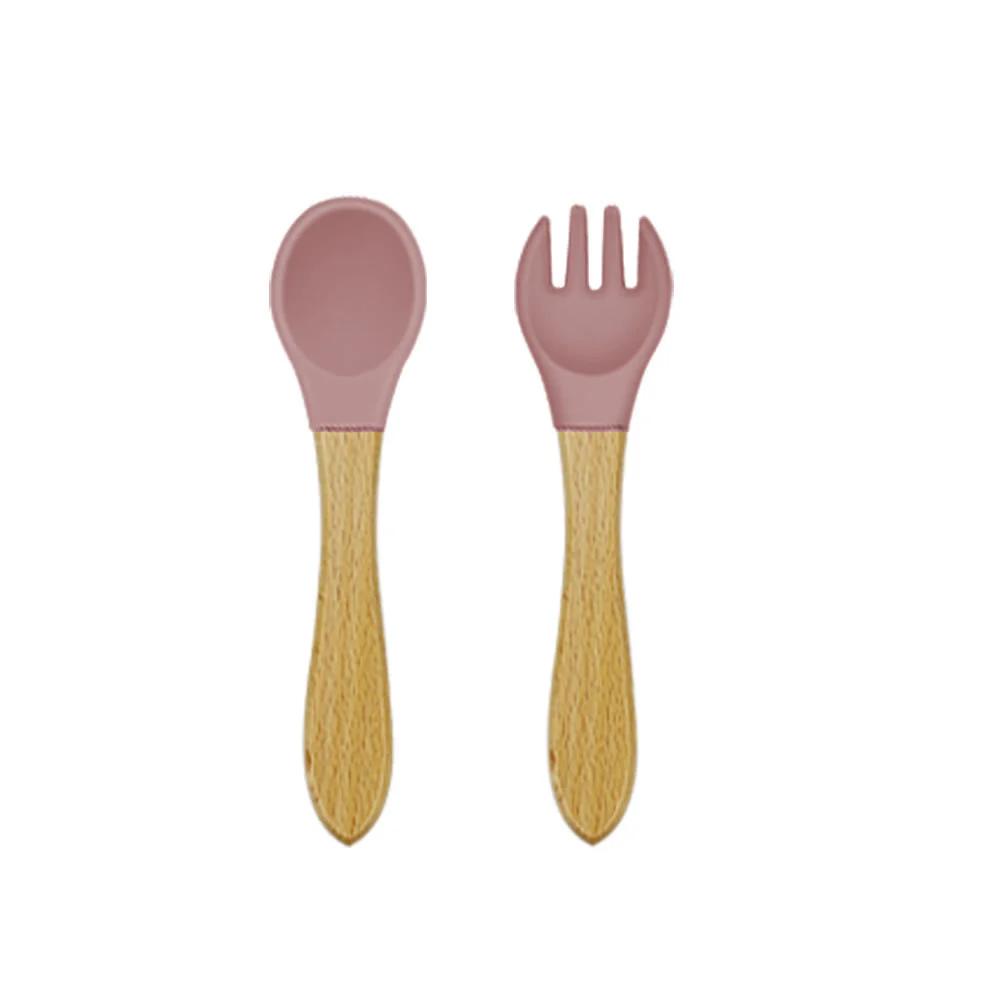 Silicone Baby Spoon and fork with Bamboo Handle