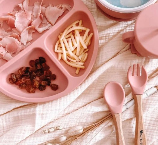 Silicone Baby Spoon with Bamboo Handle, pink silicone plate