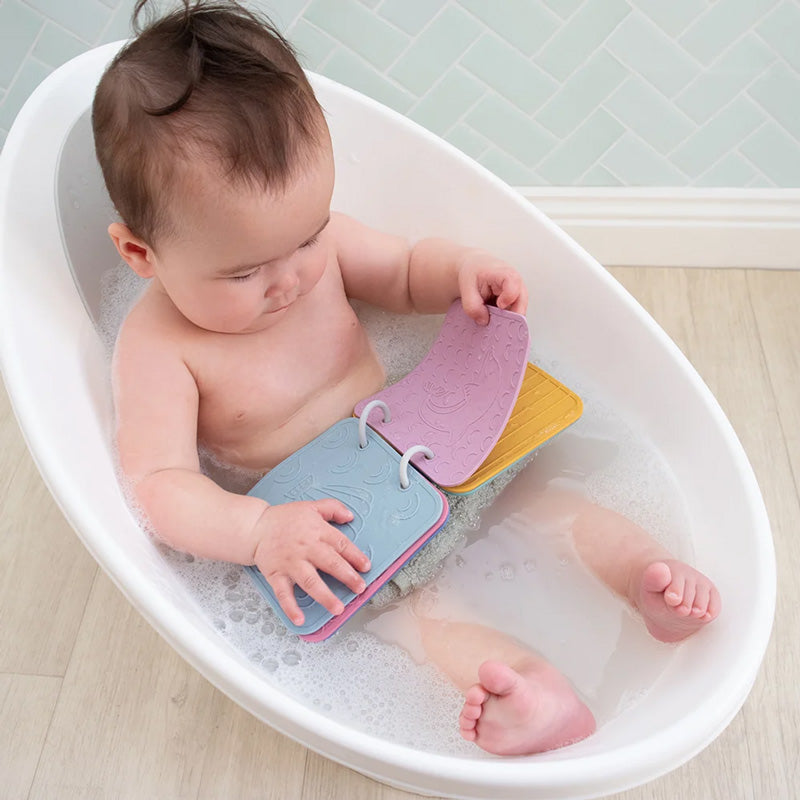 Silicone Sensory Bath Fun Book with baby in bath tub