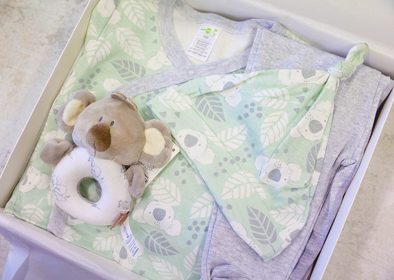 Baby clothing set with bib, shirt, and plush toy on a white surface