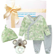 Baby gift set with green and gray outfit, hat, and toy from The Baby Gift Company.