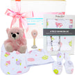 Snuggle Baby Girl Gift Hamper with Bubba Blue babywear set with teddy bear, hat, booties, and rattle by the baby gift company