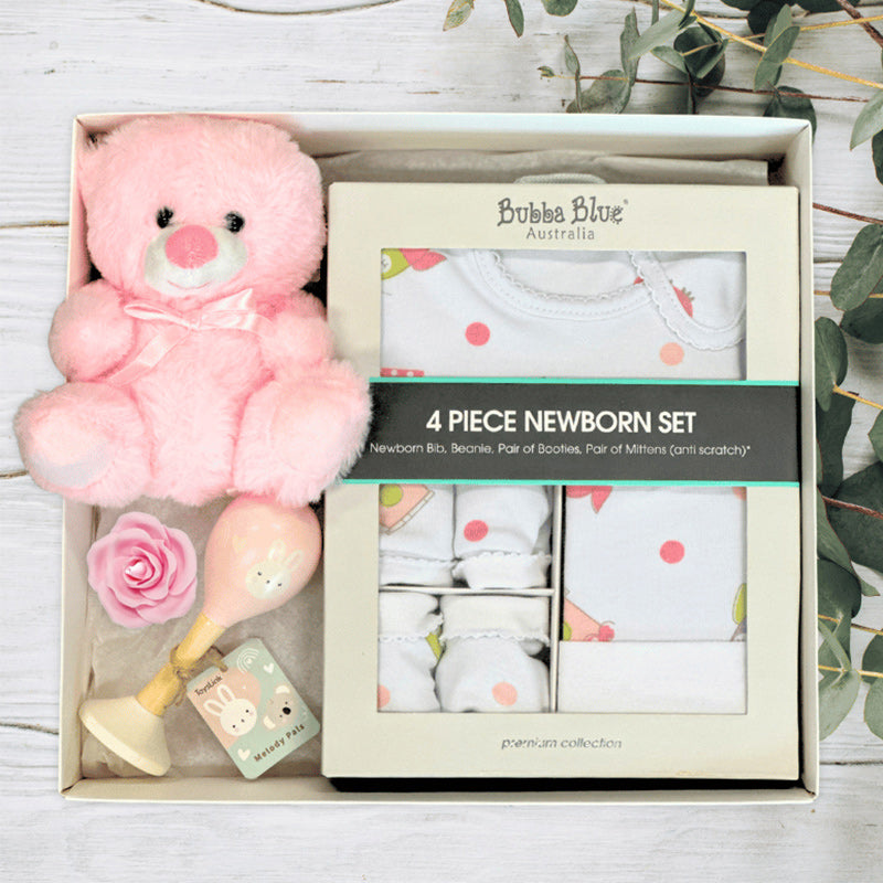 Bubba Blue 4-piece newborn set with pink teddy bear and baby items by the baby gift company