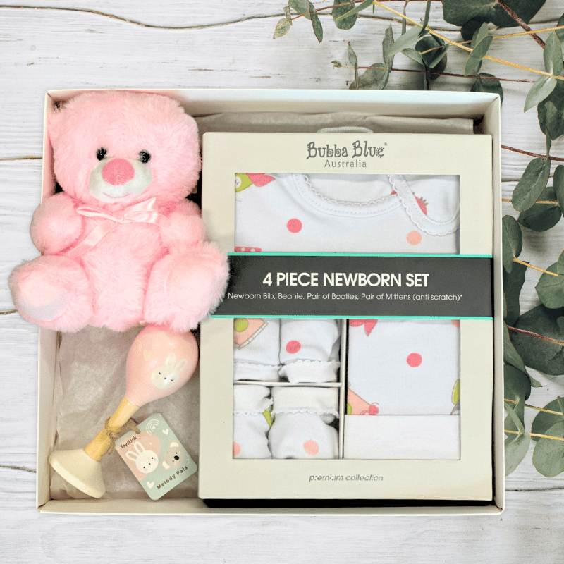 Bubba Blue 4-piece newborn set with pink teddy bear and baby items by the baby gift company