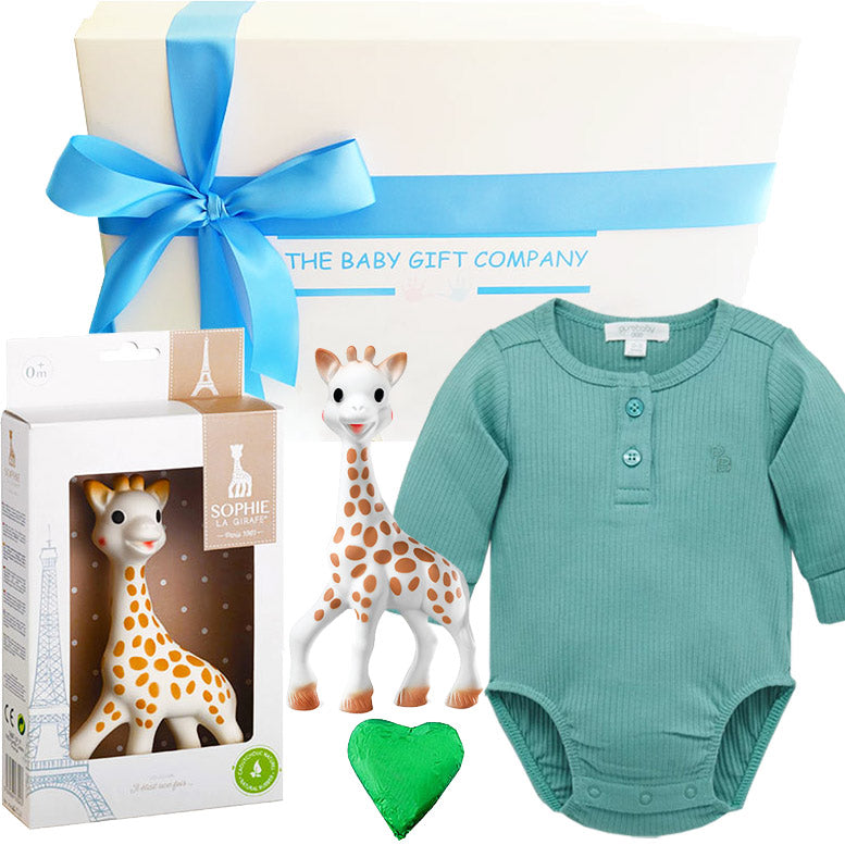 Baby gift set with teal onesie, Sophie la girafe, and gift box from The Baby Gift Company.