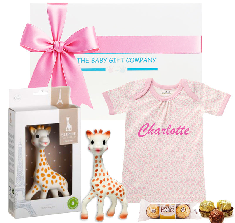 Baby gift set with Sophie la girafe, pink top, chocolates and The Baby Gift Company gift box