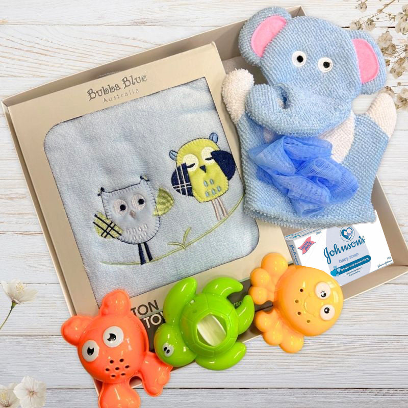 Baby bath toy set with elephant bath towel, soft toy, and three colorful bath toys in a box.
