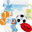 Baby milestone items with sports-themed balls and baby socks, branded 'The Baby Gift Company'.