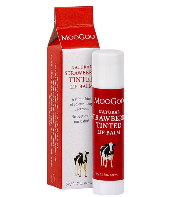 MooGoo Natural Strawberry Tinted Lip Balm with red packaging on a white background