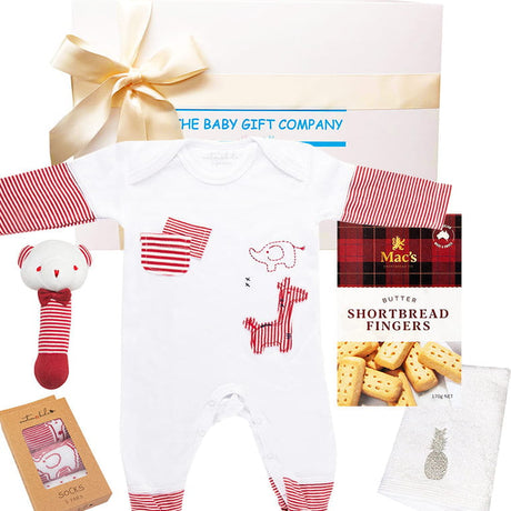 Baby gift set with onesie, rattle, socks, and cookies from The Baby Gift Company.