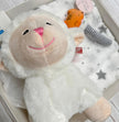 White plush lamb toy with a pink nose in gift box on a white surface