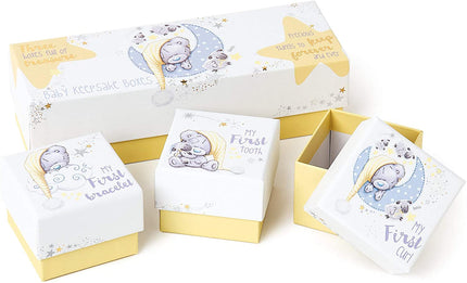Baby keepsake box set with elephant illustrations on a white background
