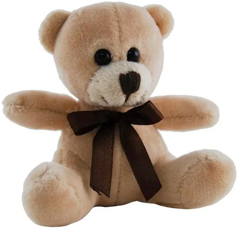 Plush teddy bear with a brown bow on a white background