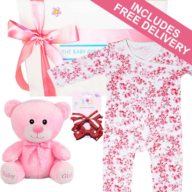 Baby girl gift set with pink teddy bear, onesie, from the baby gift company