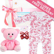 Baby girl gift set with pink teddy bear, onesie, from the baby gift company
