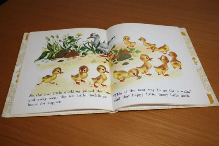 Open book with illustrations of ducks and a goose on a wooden background