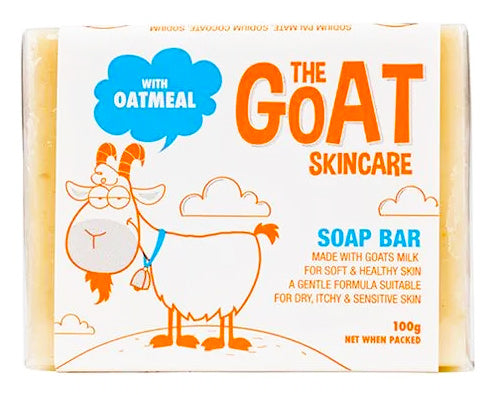 Soap bar packaging for 'The Goat Skincare' with a cartoon goat illustration on a white background.