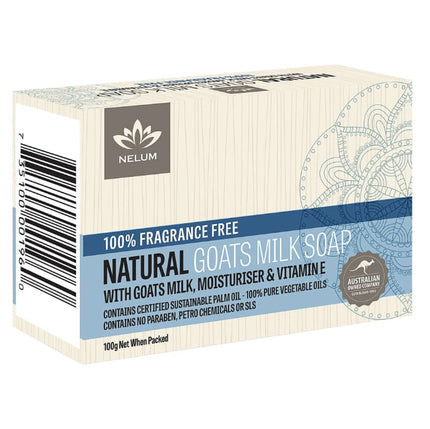 Soap bar packaging for 'Natural Goat Milk Soap' on a white background.