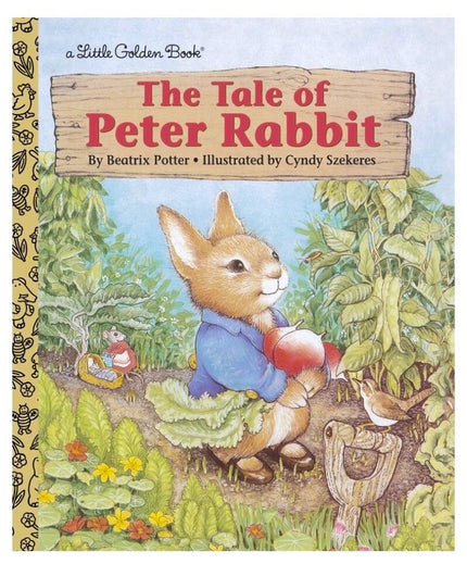 Book cover of 'The Tale of Peter Rabbit' with illustrations of Peter Rabbit and other characters.