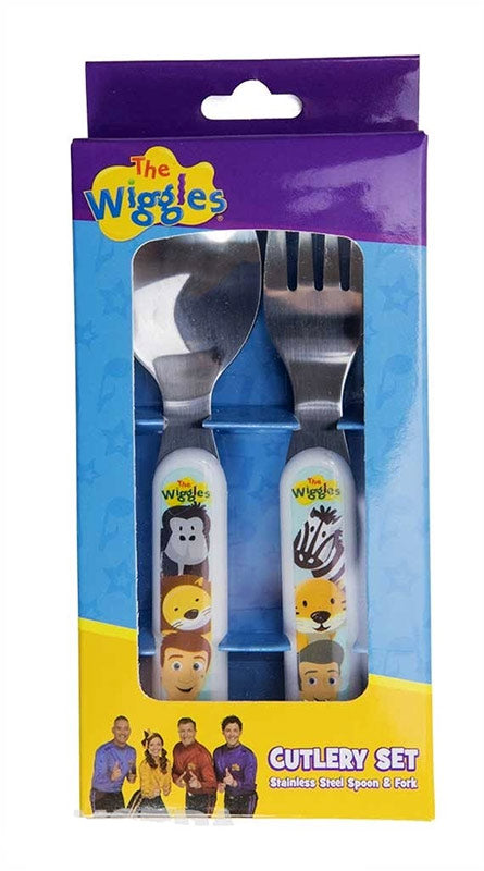 Wiggles cutlery set packaging with spoon and fork in a blue and purple box.