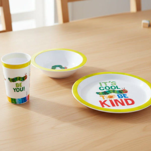 The Very Hungry Caterpillar Set of children's bowls and a cup with motivational messages on a table