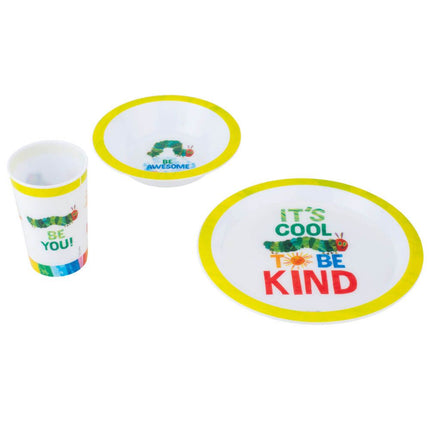 The Very Hungry Caterpillar Set of children's bowls and a cup with motivational messages on a white background