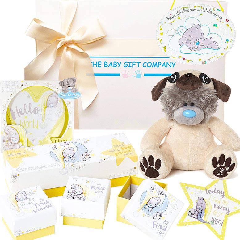 Baby gift set with plush toy, cards, and stationery from The Baby Gift Company.