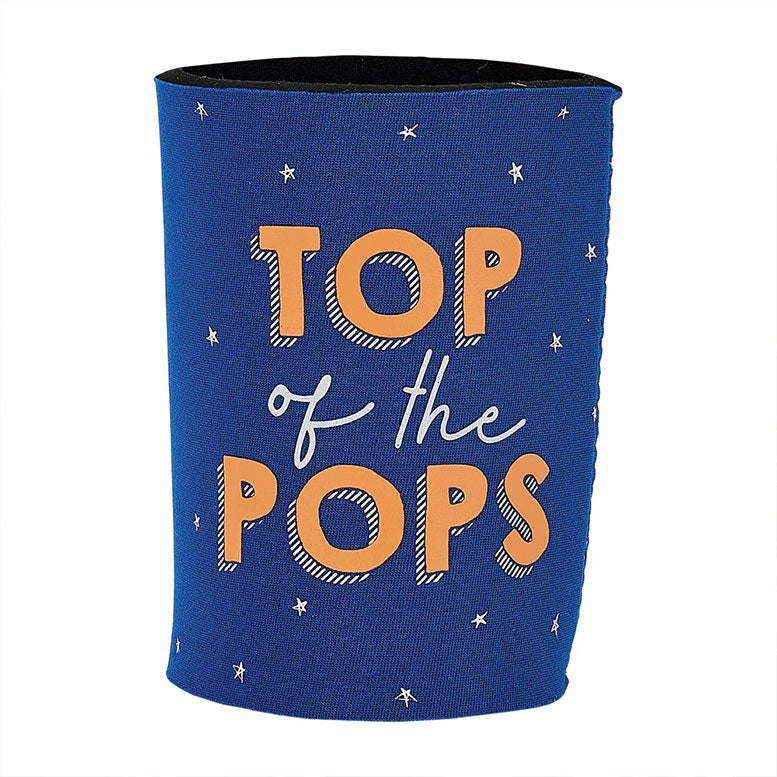 Blue can cooler with 'Top of the Pops' text on a white background