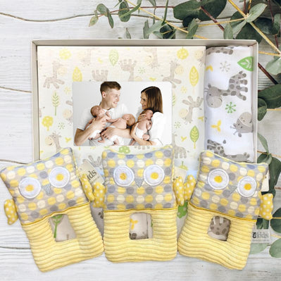 Triplets Baby Gift Box with yellow owl toys and photo frame