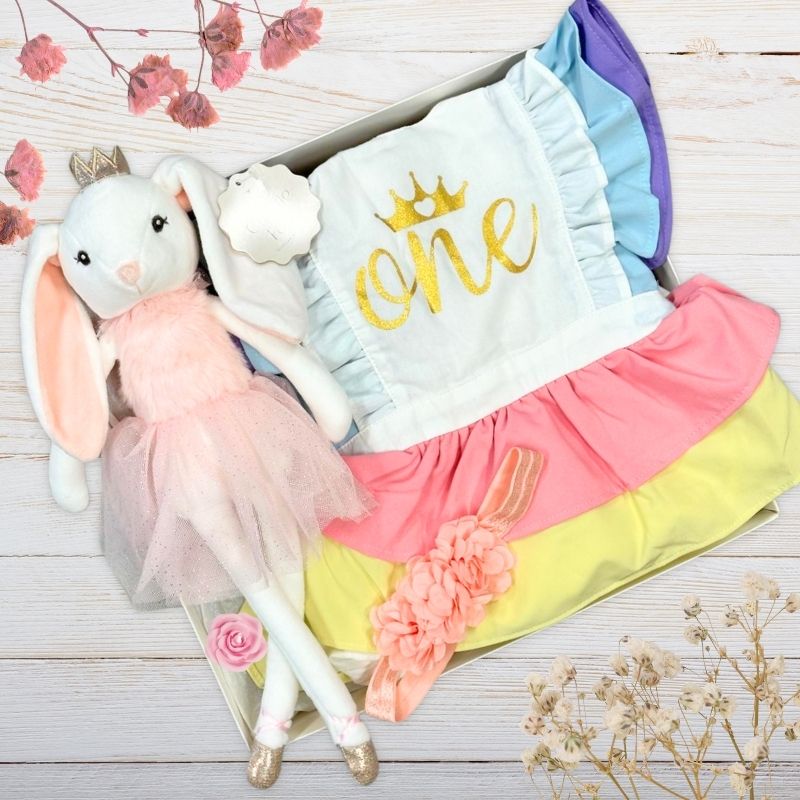 Plush bunny toy and One birthday baby girl romper in a gift box