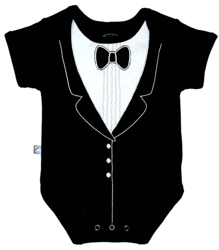 Black tuxedo-style baby onesie with white shirt and bow tie on a white background