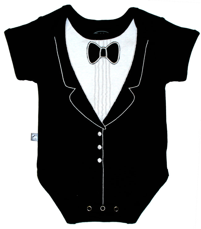 Black tuxedo-style baby onesie with white shirt and bow tie on a white background