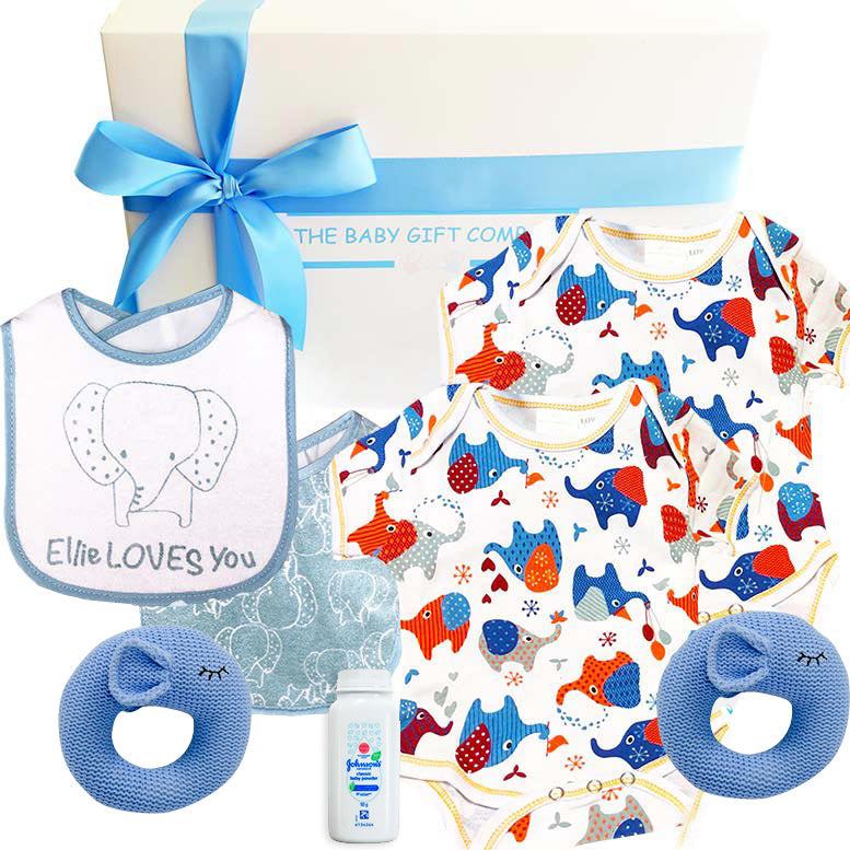 Twin Baby gift set with bib, toys, and clothing featuring animal patterns on a white background.