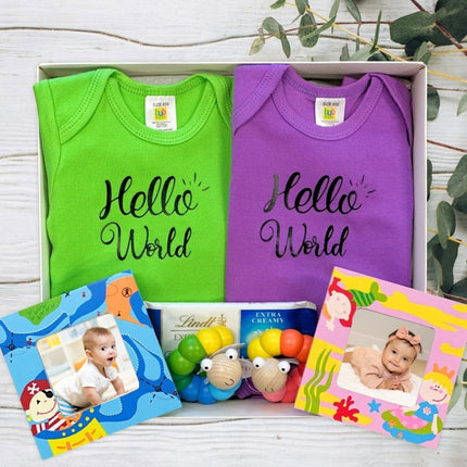 hello world baby rompers in green and purple, with photo frames in a gift box