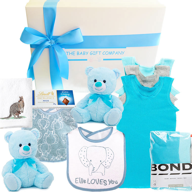 Baby gift set with blue teddy bears, bib, and outfit from The Baby Gift Company.