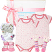 Baby gift set with pink and white checkered onesie, socks, and toys from The Baby Gift Company.