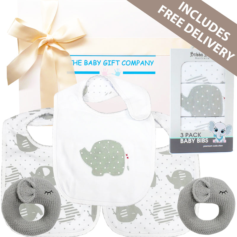 Baby gift set with bibs, and two grey bunny toys from The Baby Gift Company.