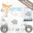 Baby gift set with bibs, and two grey bunny toys from The Baby Gift Company.