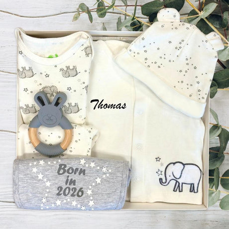 Baby gift set with baby clothes, teether, and born in 2026 bib on a wooden surface with greenery.
