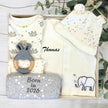 Baby gift set with baby clothes, teether, and born in 2026 bib on a wooden surface with greenery.