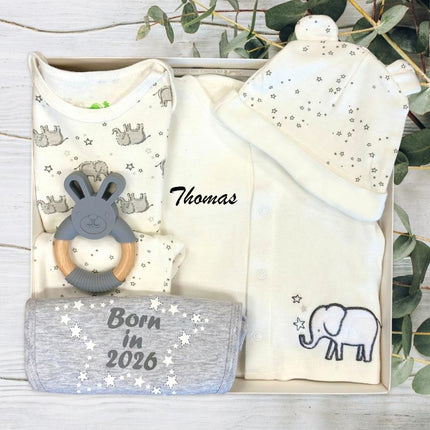 Baby gift set with baby clothes, teether, and born in 2026 bib on a wooden surface with greenery.