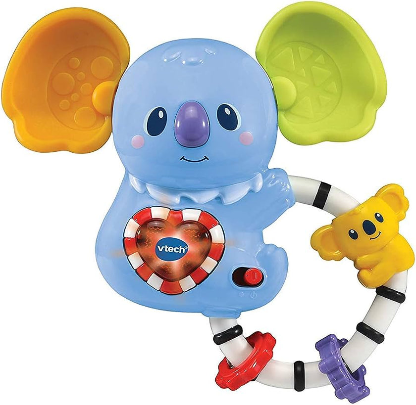 Colorful toy with a blue koala-like character and yellow and green elements on a white background